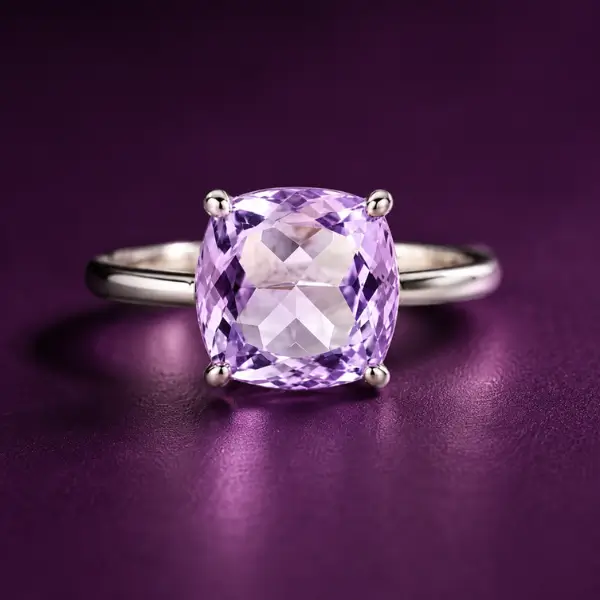 Silver amethyst solitaire ring, platinum plated with faceted purple stone
